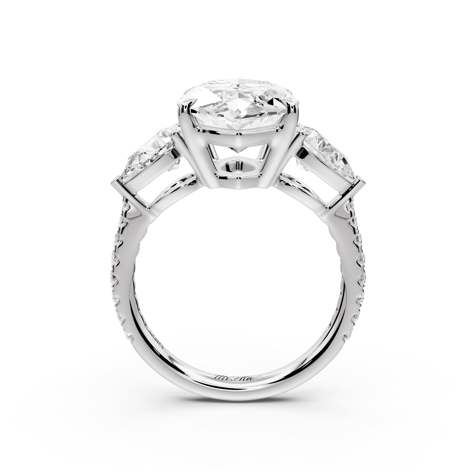 Alma - 5ct platinum marquise center stone with two pear shaped diamonds and pavé. Three stone oval and pear engagement ring with Pavé - Mr. Alex Jewelry
