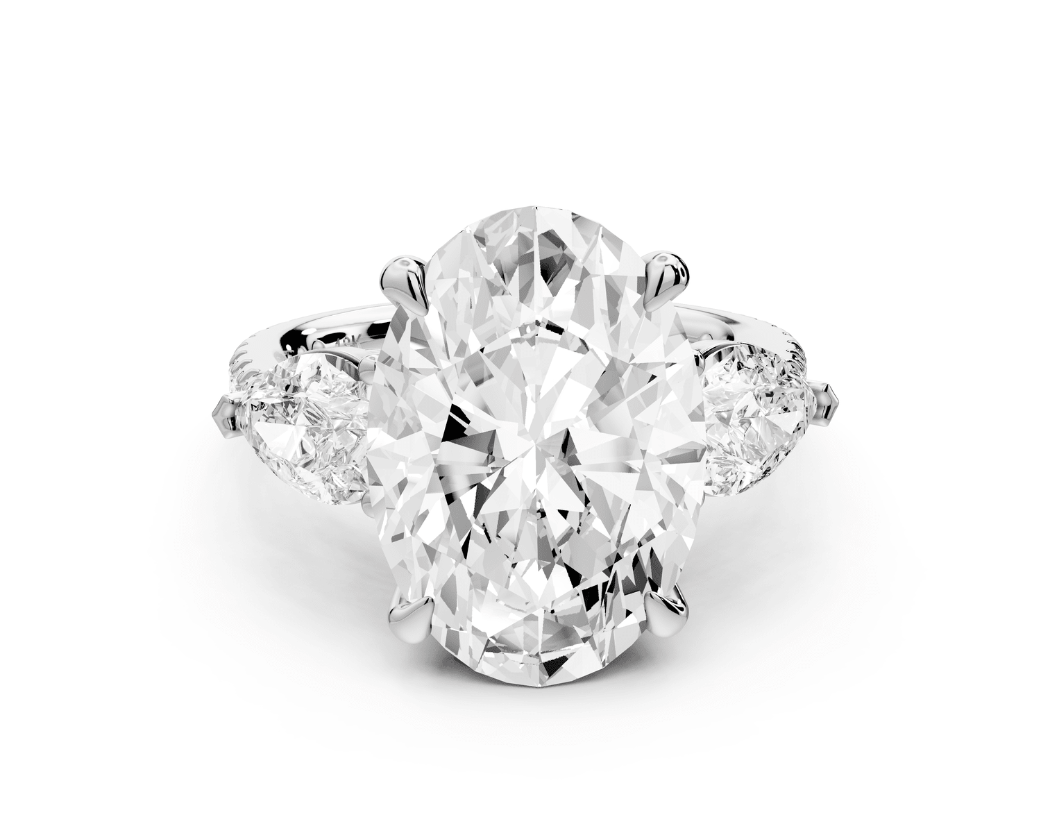 Alma - 5ct platinum oval center stone with two pear shaped diamonds and pavé. Three stone oval and pear Engagement ring with Pavé - Mr. Alex Jewelry