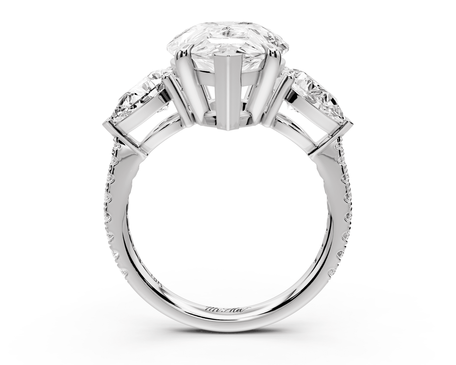 Alma - 5ct platinum pear center stone with two pear shaped diamonds and pavé. Three stone oval and pear Engagement ring with Pavé - Mr. Alex Jewelry