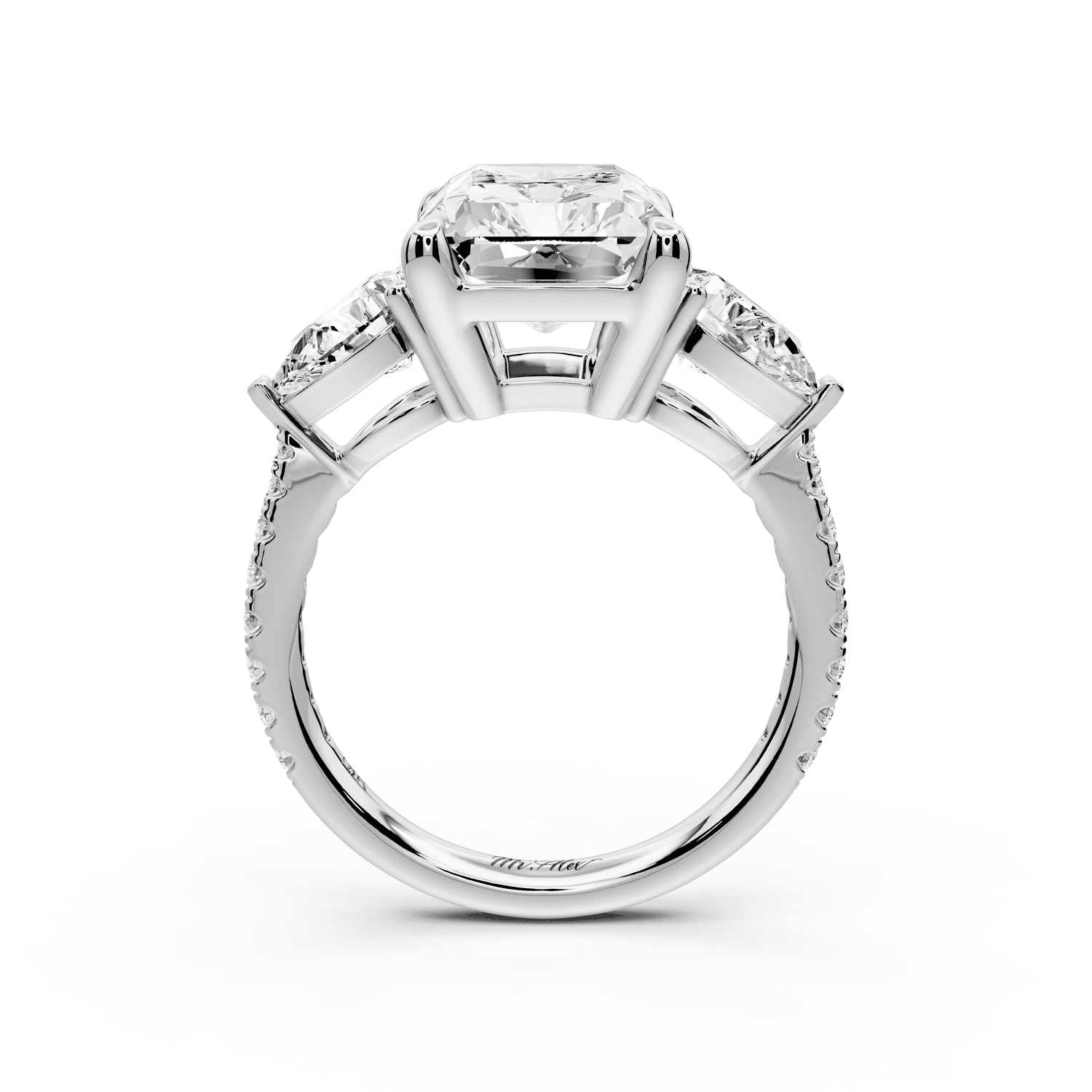 Alma - 5ct platinum radiant center stone with two pear shaped diamonds and pavé. Three stone oval and pear engagement ring with Pavé - Mr. Alex Jewelry