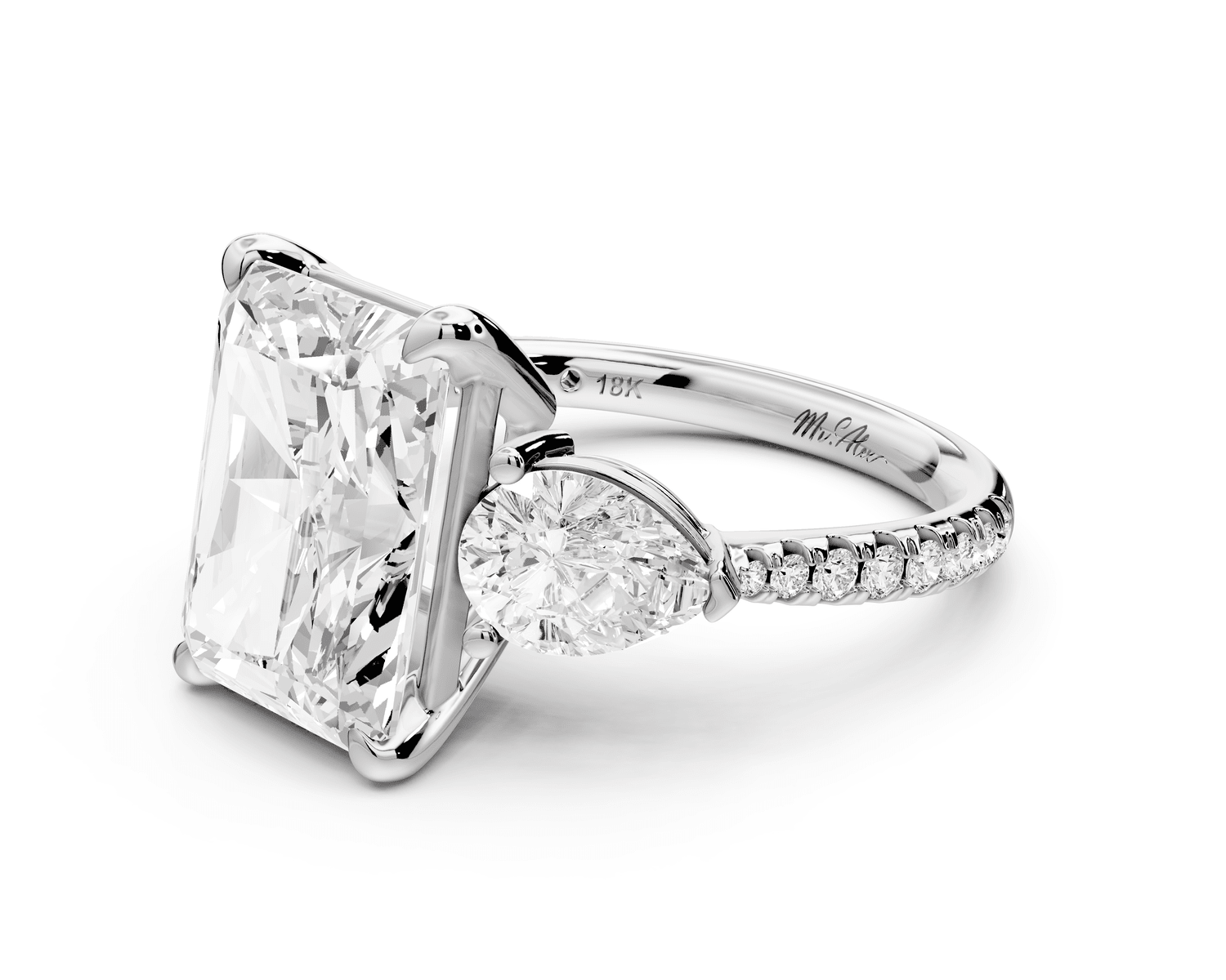 Alma - 5ct platinum radiant center stone with two pear shaped diamonds and pavé. Three stone oval and pear engagement ring with Pavé - Mr. Alex Jewelry