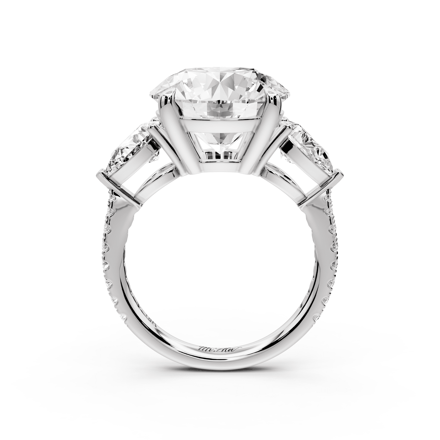 Alma - 5ct platinum round center stone with two pear shaped diamonds and pavé. Three stone oval and pear engagment ring with Pavé - Mr. Alex Jewelry