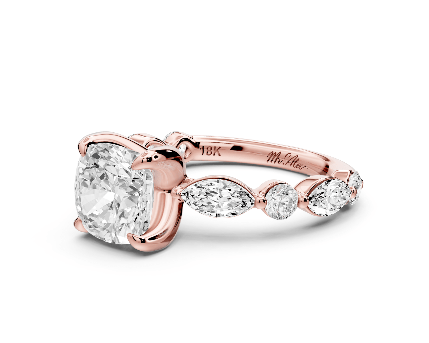 Amalia - 2ct 14k rose gold cushion Round Diamond with Alternating 8 - Stone Marquise and Round Diamond Band Engagement Ring - Mr. Alex Jewelry