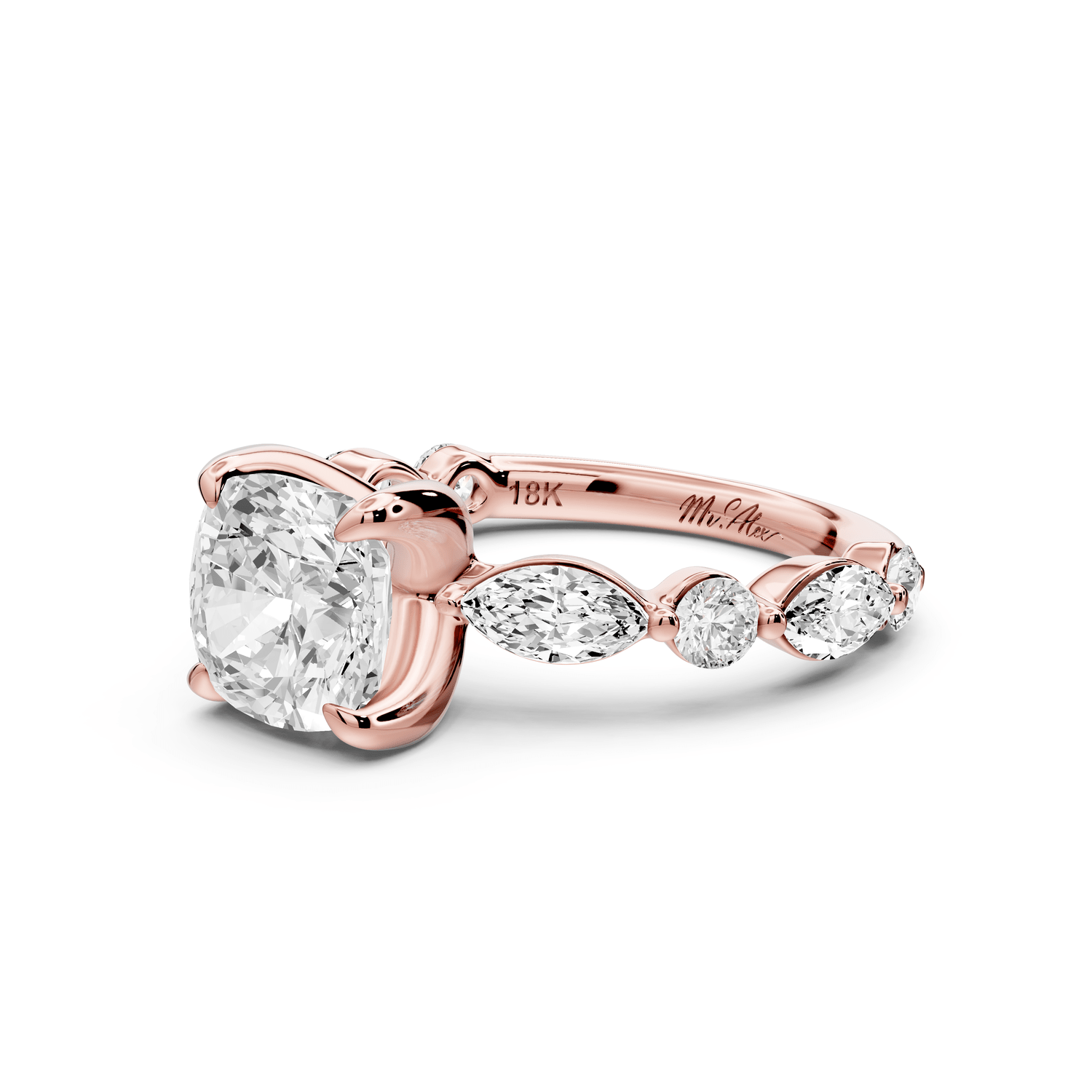 Amalia - 2ct 14k rose gold cushion Round Diamond with Alternating 8 - Stone Marquise and Round Diamond Band Engagement Ring - Mr. Alex Jewelry