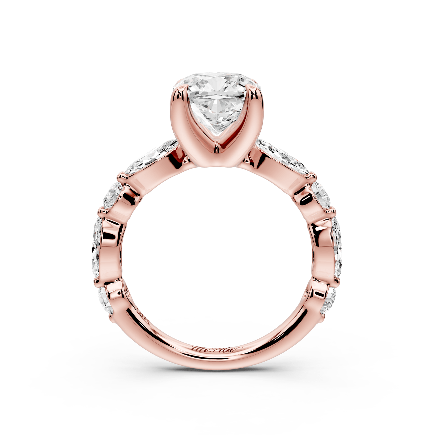 Amalia - 2ct 14k rose gold cushion Round Diamond with Alternating 8 - Stone Marquise and Round Diamond Band Engagement Ring - Mr. Alex Jewelry
