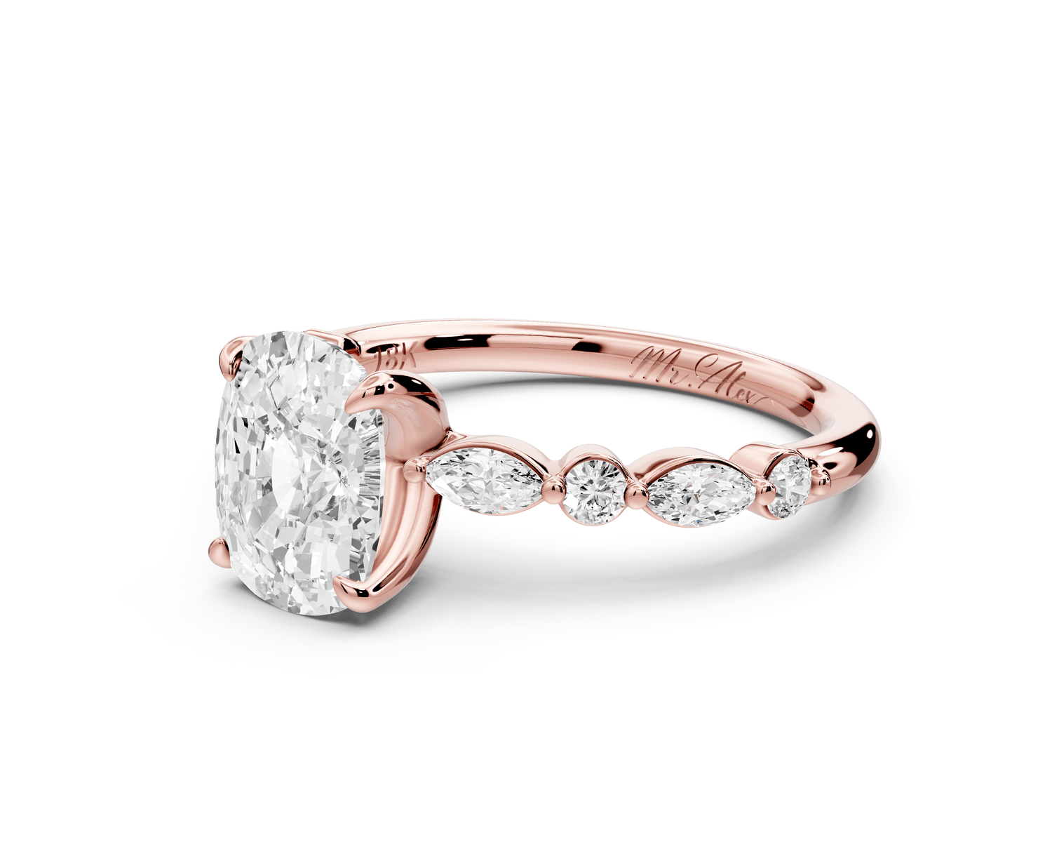 Amalia - 2ct 14k rose gold ecushion Round Diamond with Alternating 8 - Stone Marquise and Round Diamond Band Engagement Ring - Mr. Alex Jewelry