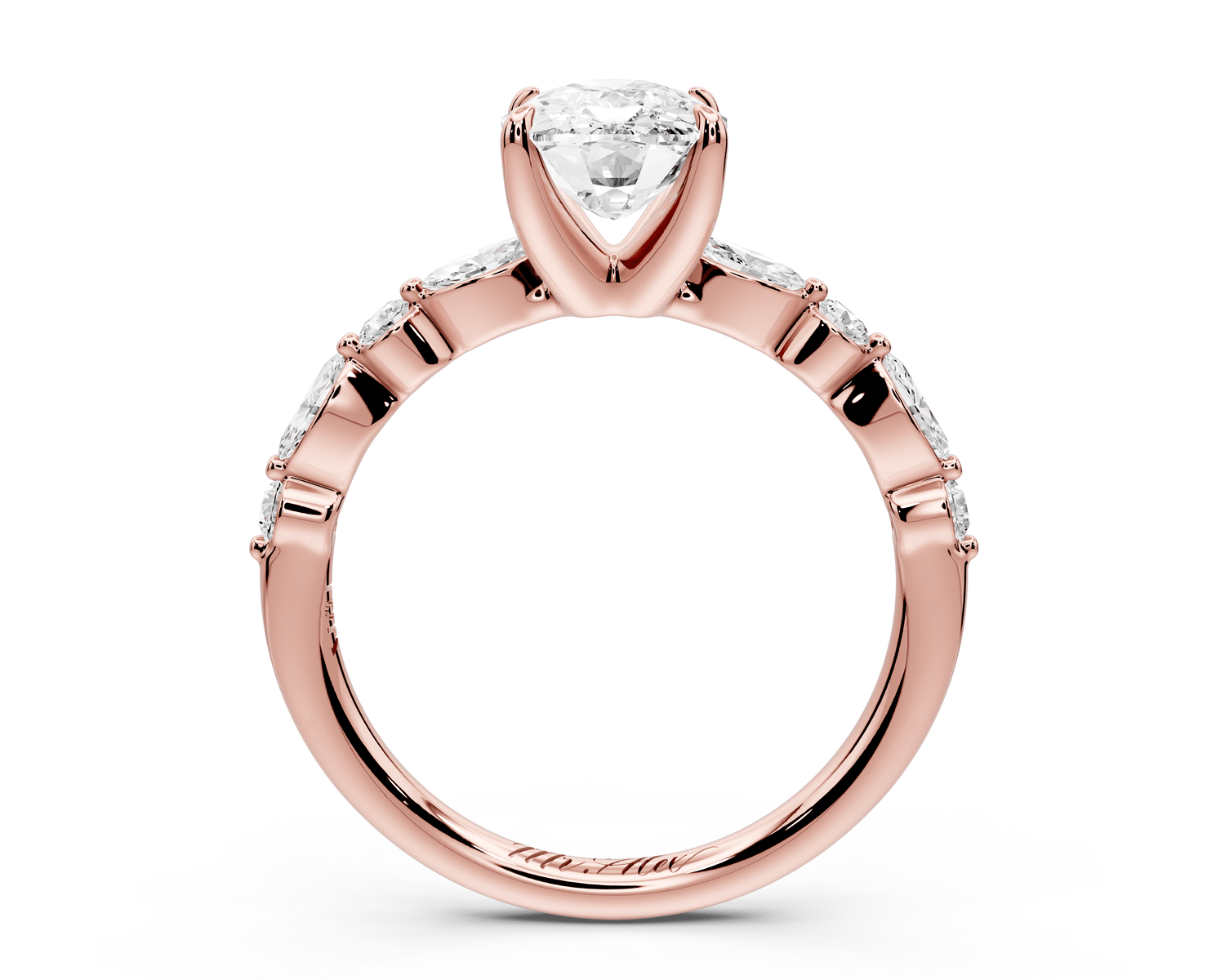 Amalia - 2ct 14k rose gold ecushion Round Diamond with Alternating 8 - Stone Marquise and Round Diamond Band Engagement Ring - Mr. Alex Jewelry