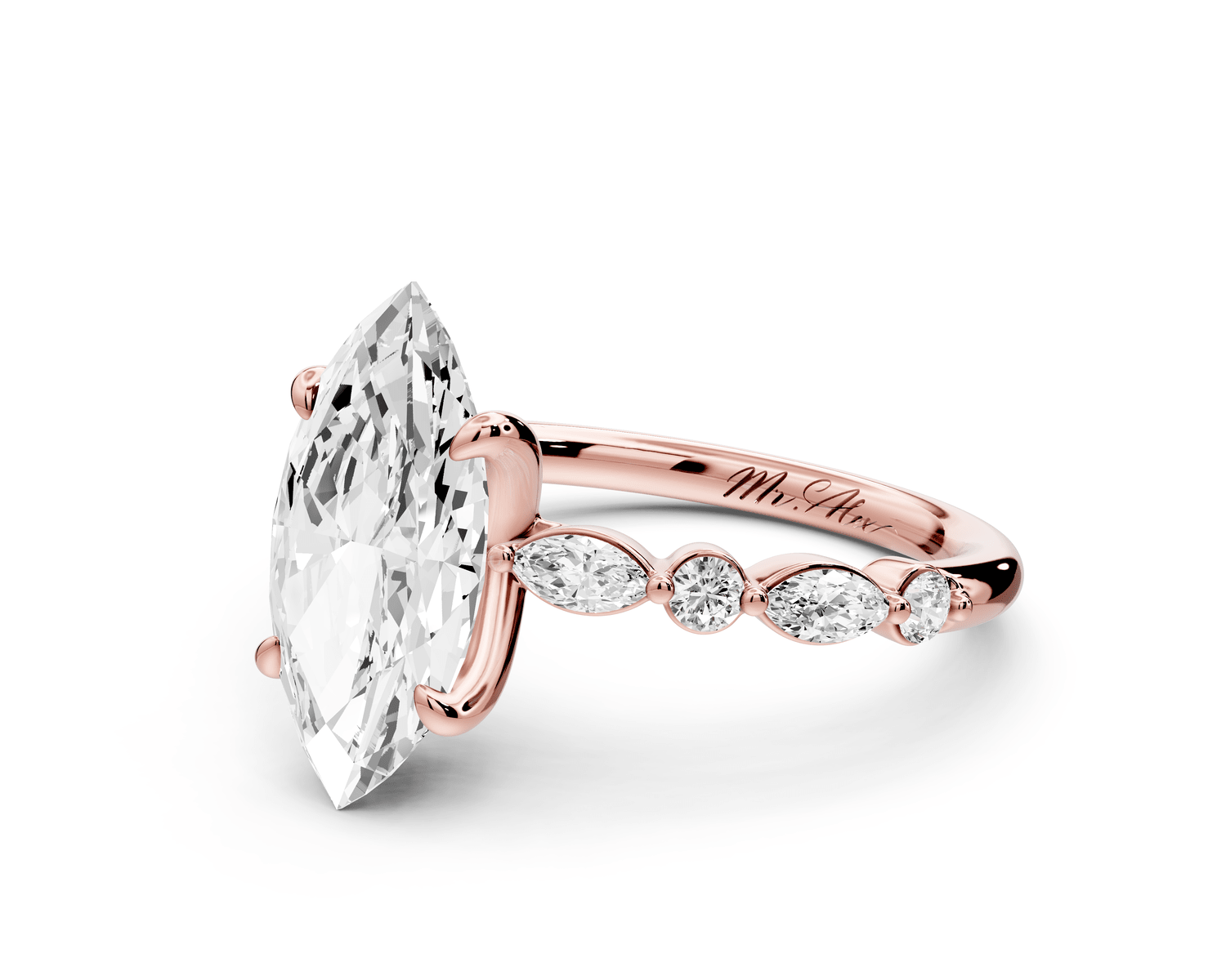 Amalia - 2ct 14k rose gold marquise Round Diamond with Alternating 8 - Stone Marquise and Round Diamond Band Engagement Ring - Mr. Alex Jewelry