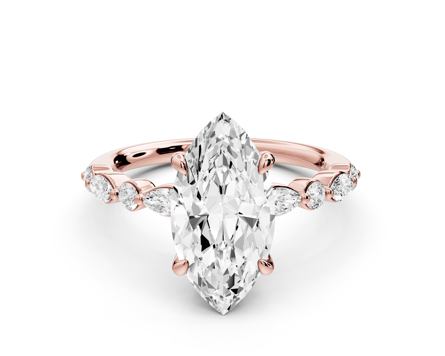 Amalia - 2ct 14k rose gold marquise Round Diamond with Alternating 8 - Stone Marquise and Round Diamond Band Engagement Ring - Mr. Alex Jewelry