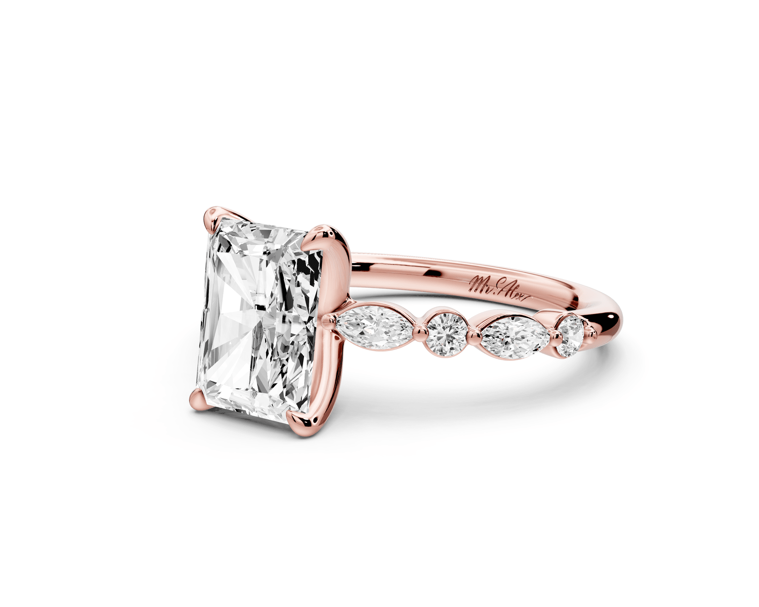 Amalia - 2ct 14k rose gold radiant Round Diamond with Alternating 8 - Stone Marquise and Round Diamond Band Engagement Ring - Mr. Alex Jewelry