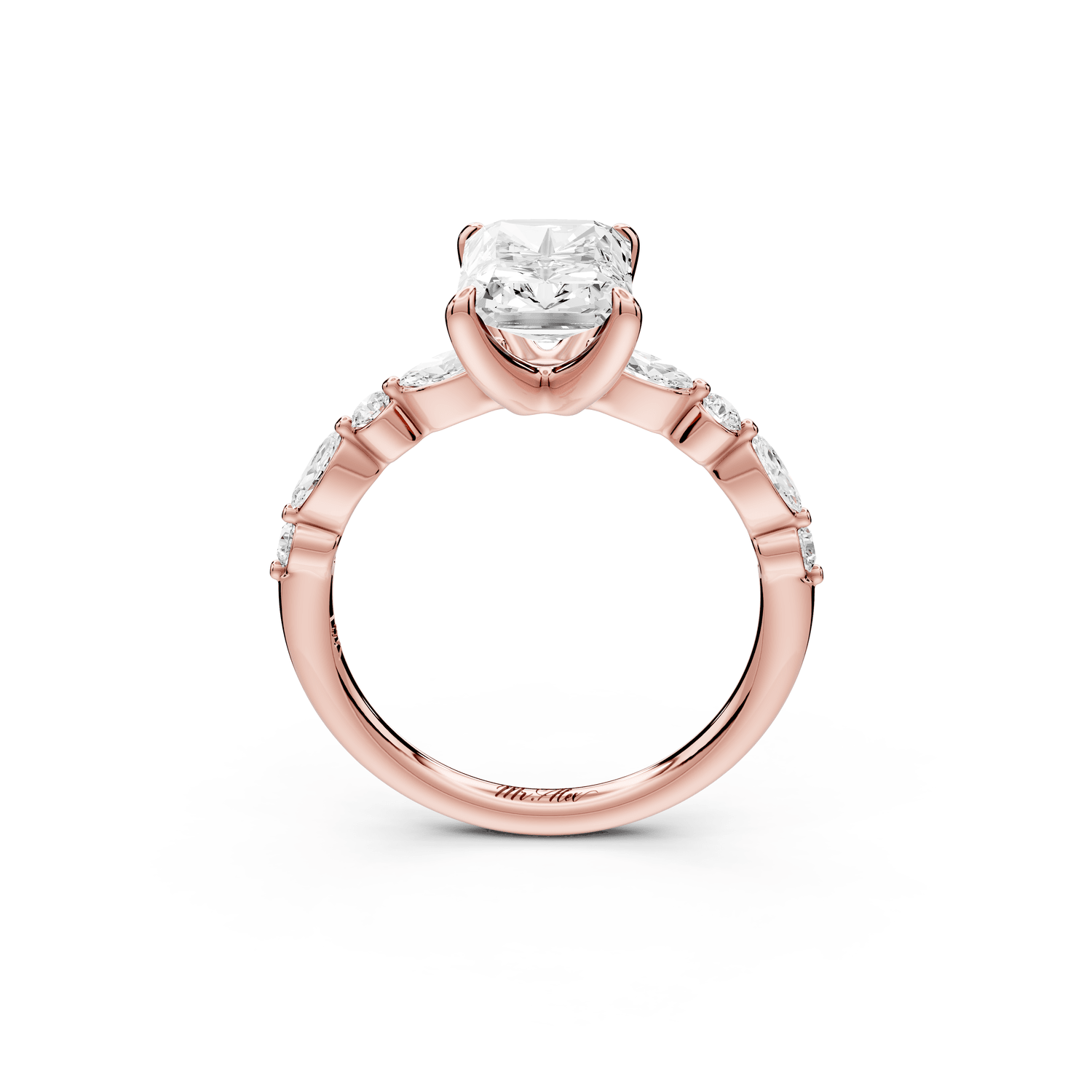 Amalia - 2ct 14k rose gold radiant Round Diamond with Alternating 8 - Stone Marquise and Round Diamond Band Engagement Ring - Mr. Alex Jewelry