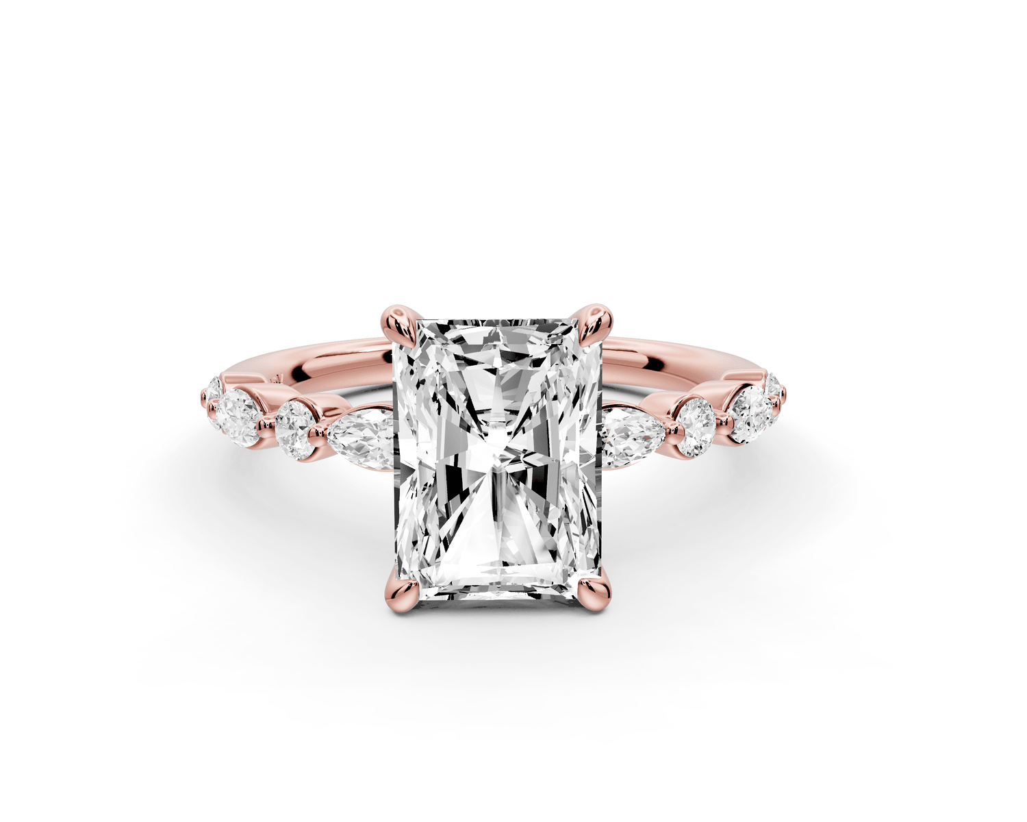 Amalia - 2ct 14k rose gold radiant Round Diamond with Alternating 8 - Stone Marquise and Round Diamond Band Engagement Ring - Mr. Alex Jewelry