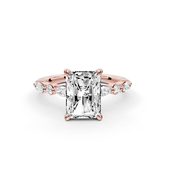 Amalia - 2ct 14k rose gold radiant Round Diamond with Alternating 8 - Stone Marquise and Round Diamond Band Engagement Ring - Mr. Alex Jewelry