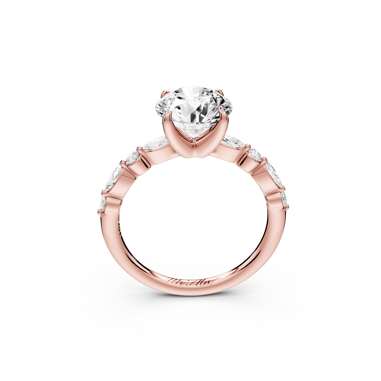 Amalia - 2ct 14k rose gold round Round Diamond with Alternating 8 - Stone Marquise and Round Diamond Band Engagement Ring - Mr. Alex Jewelry