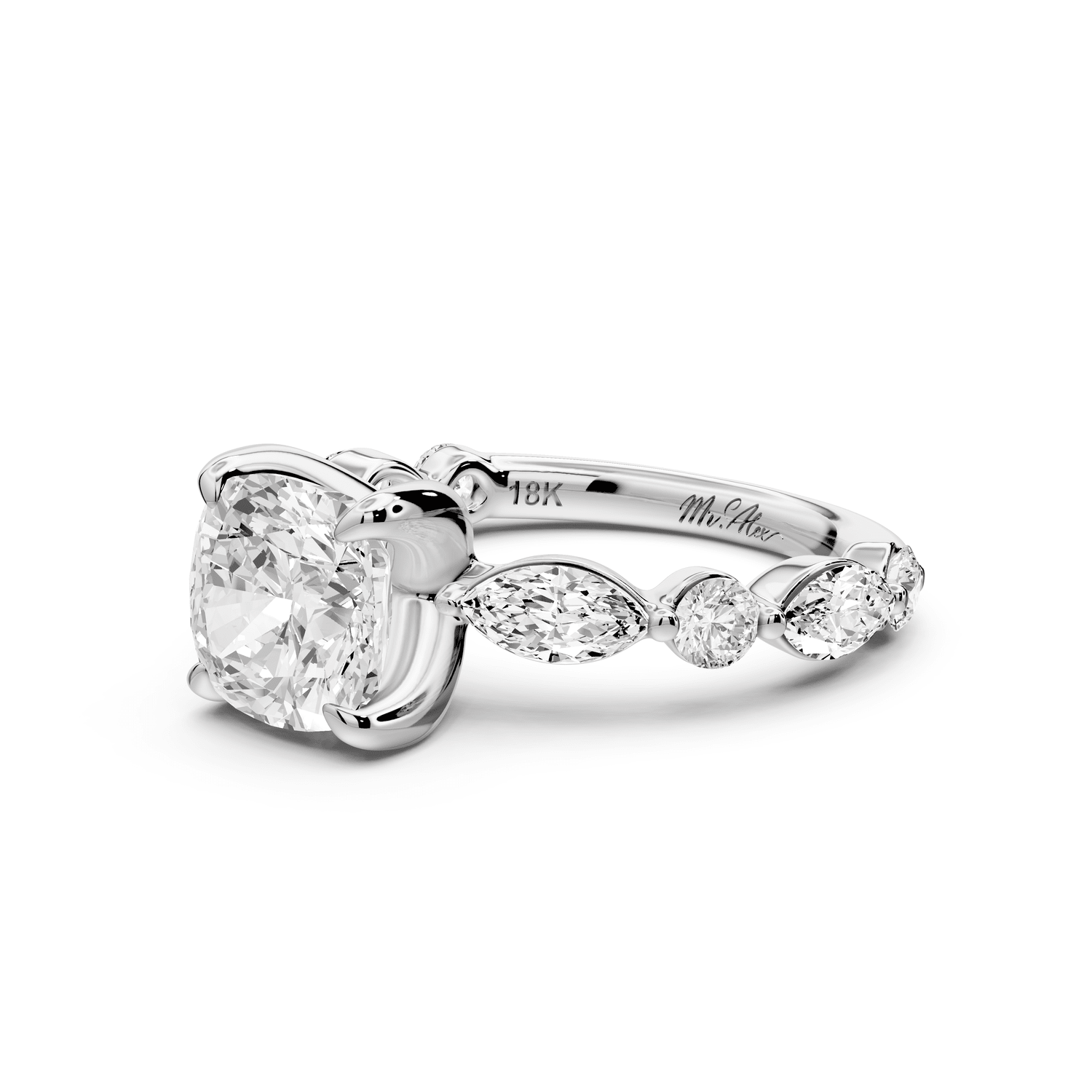 Amalia - 2ct 14k white gold cushion Round Diamond with Alternating 8 - Stone Marquise and Round Diamond Band Engagement Ring - Mr. Alex Jewelry