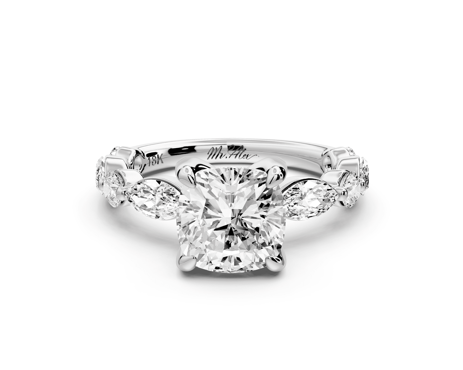 Amalia - 2ct 14k white gold cushion Round Diamond with Alternating 8 - Stone Marquise and Round Diamond Band Engagement Ring - Mr. Alex Jewelry