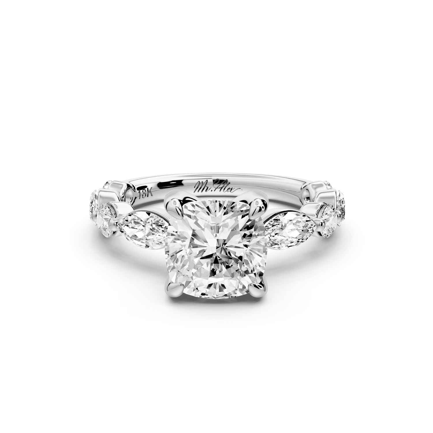 Amalia - 2ct 14k white gold cushion Round Diamond with Alternating 8 - Stone Marquise and Round Diamond Band Engagement Ring - Mr. Alex Jewelry