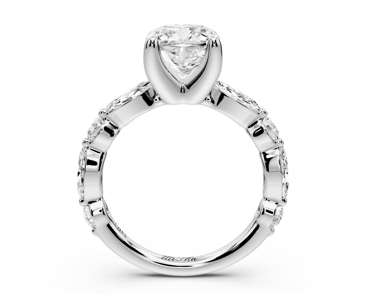 Amalia - 2ct 14k white gold cushion Round Diamond with Alternating 8 - Stone Marquise and Round Diamond Band Engagement Ring - Mr. Alex Jewelry