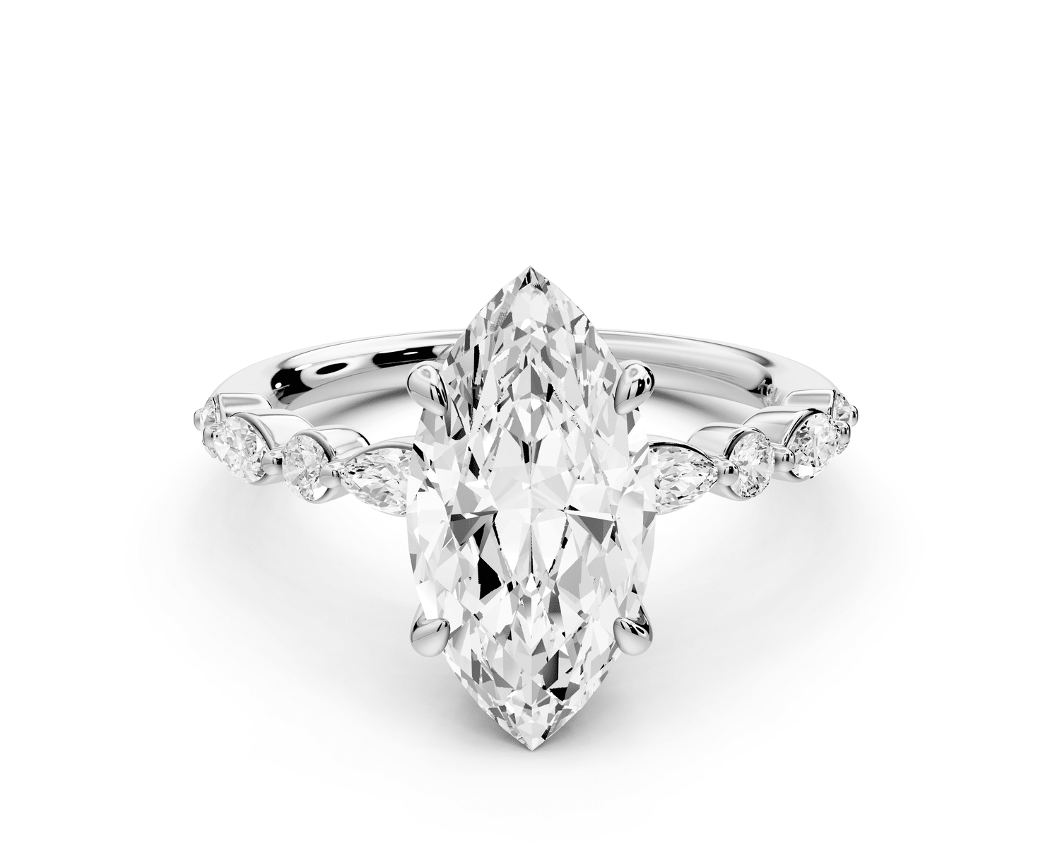 Amalia - 2ct 14k white gold marquise Round Diamond with Alternating 8 - Stone Marquise and Round Diamond Band Engagement Ring - Mr. Alex Jewelry