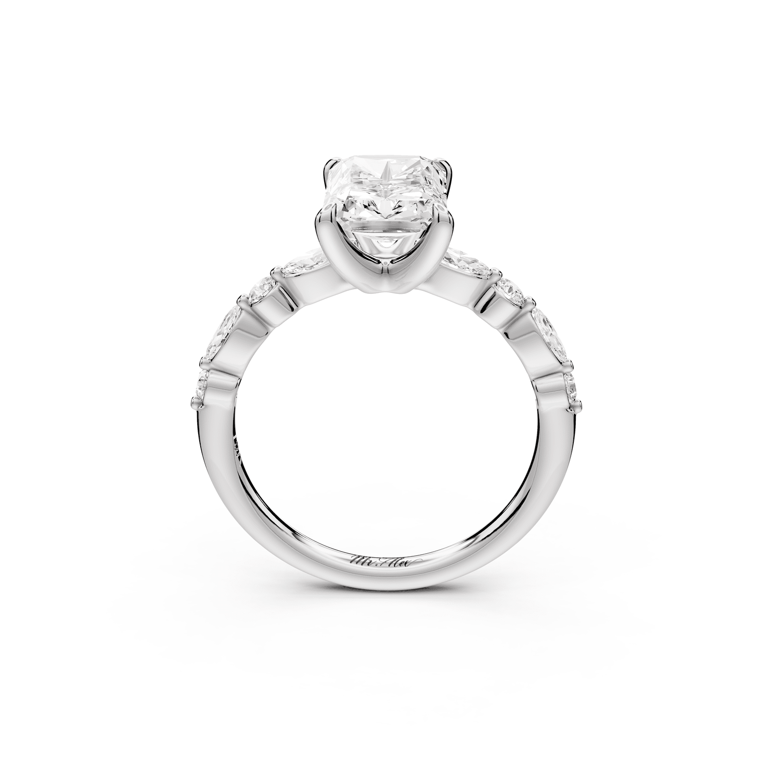 Amalia - 2ct 14k white gold radiant Round Diamond with Alternating 8 - Stone Marquise and Round Diamond Band Engagement Ring - Mr. Alex Jewelry