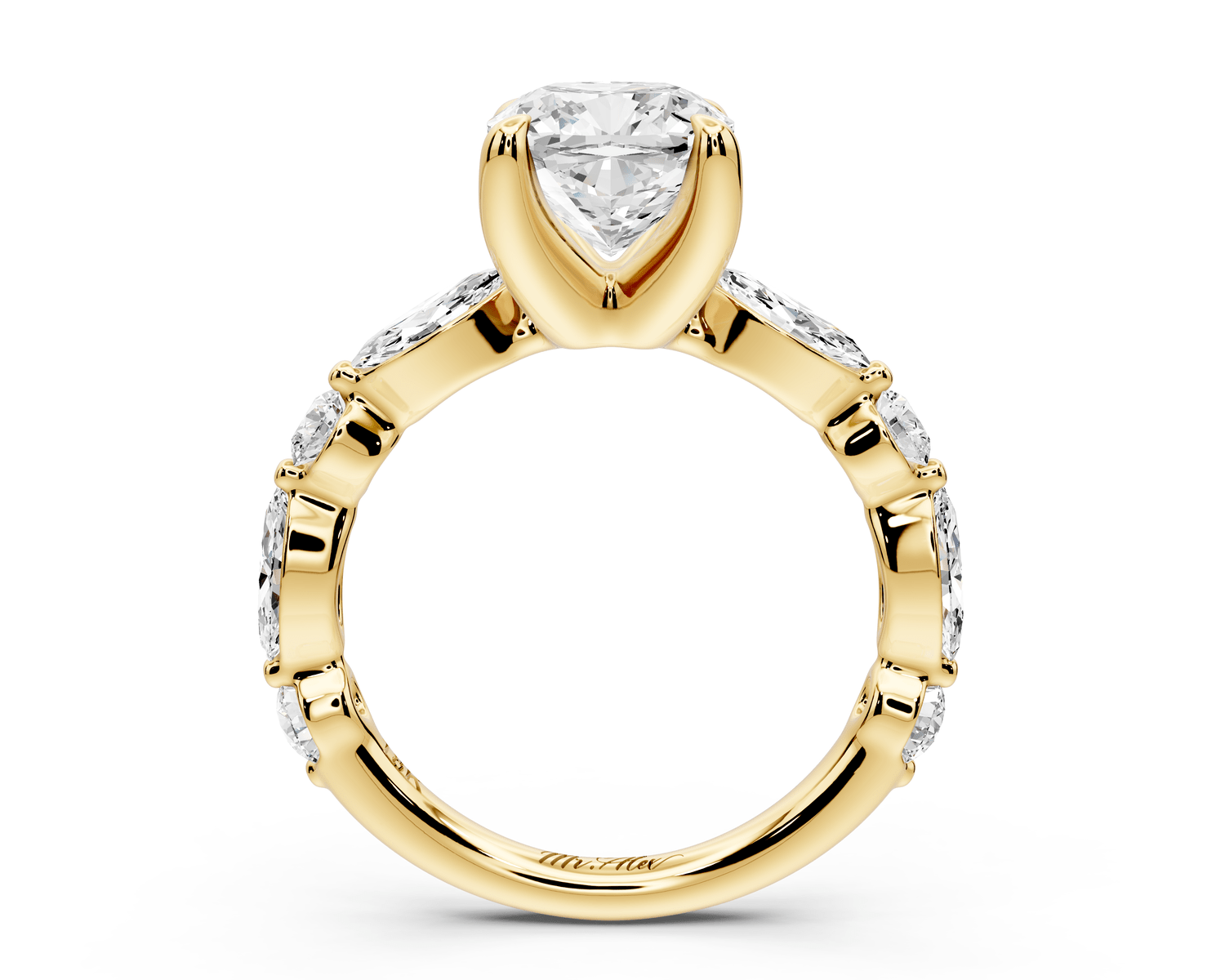 Amalia - 2ct 14k yellow gold cushion Round Diamond with Alternating 8 - Stone Marquise and Round Diamond Band Engagement Ring - Mr. Alex Jewelry