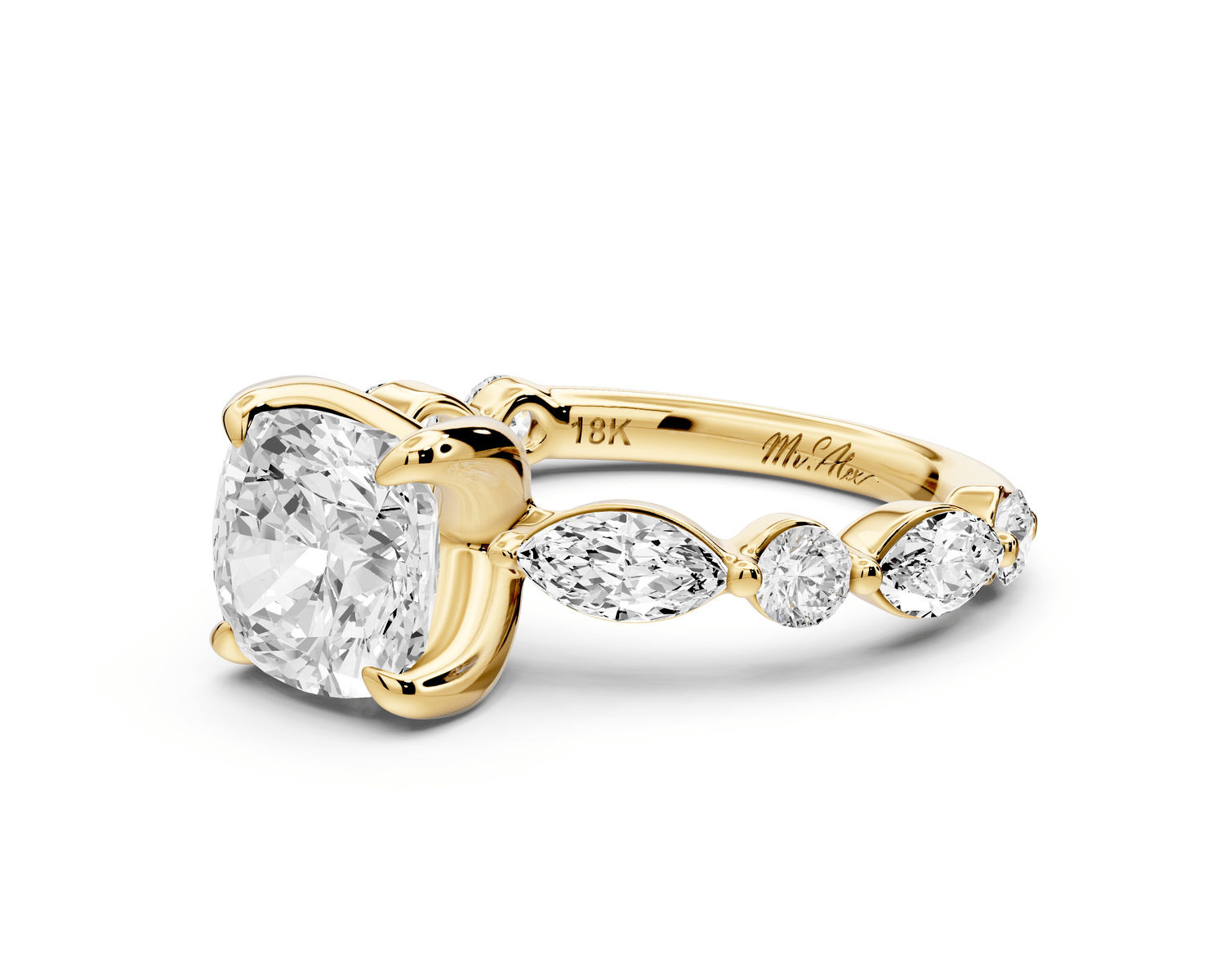 Amalia - 2ct 14k yellow gold cushion Round Diamond with Alternating 8 - Stone Marquise and Round Diamond Band Engagement Ring - Mr. Alex Jewelry