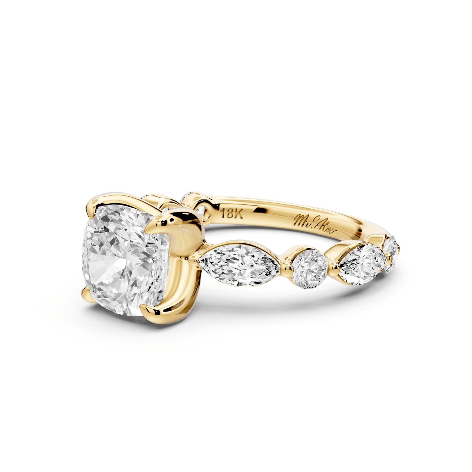 Amalia - 2ct 14k yellow gold cushion Round Diamond with Alternating 8 - Stone Marquise and Round Diamond Band Engagement Ring - Mr. Alex Jewelry
