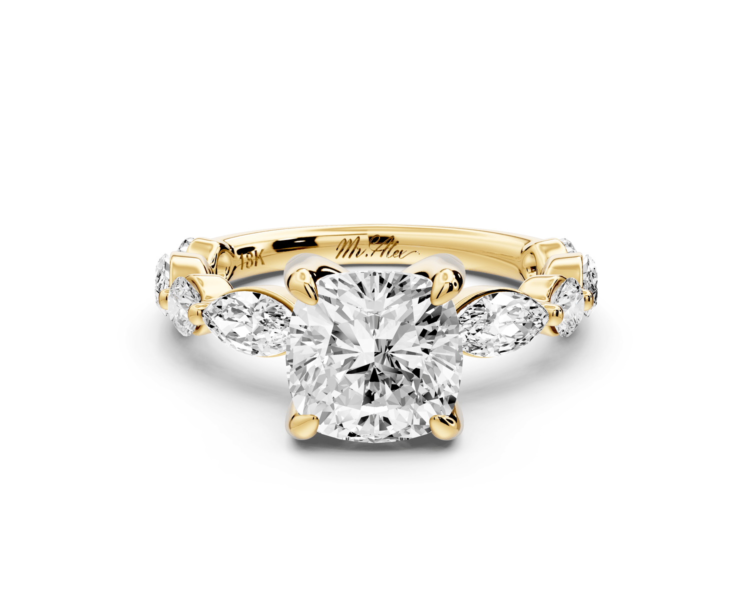 Amalia - 2ct 14k yellow gold cushion Round Diamond with Alternating 8 - Stone Marquise and Round Diamond Band Engagement Ring - Mr. Alex Jewelry