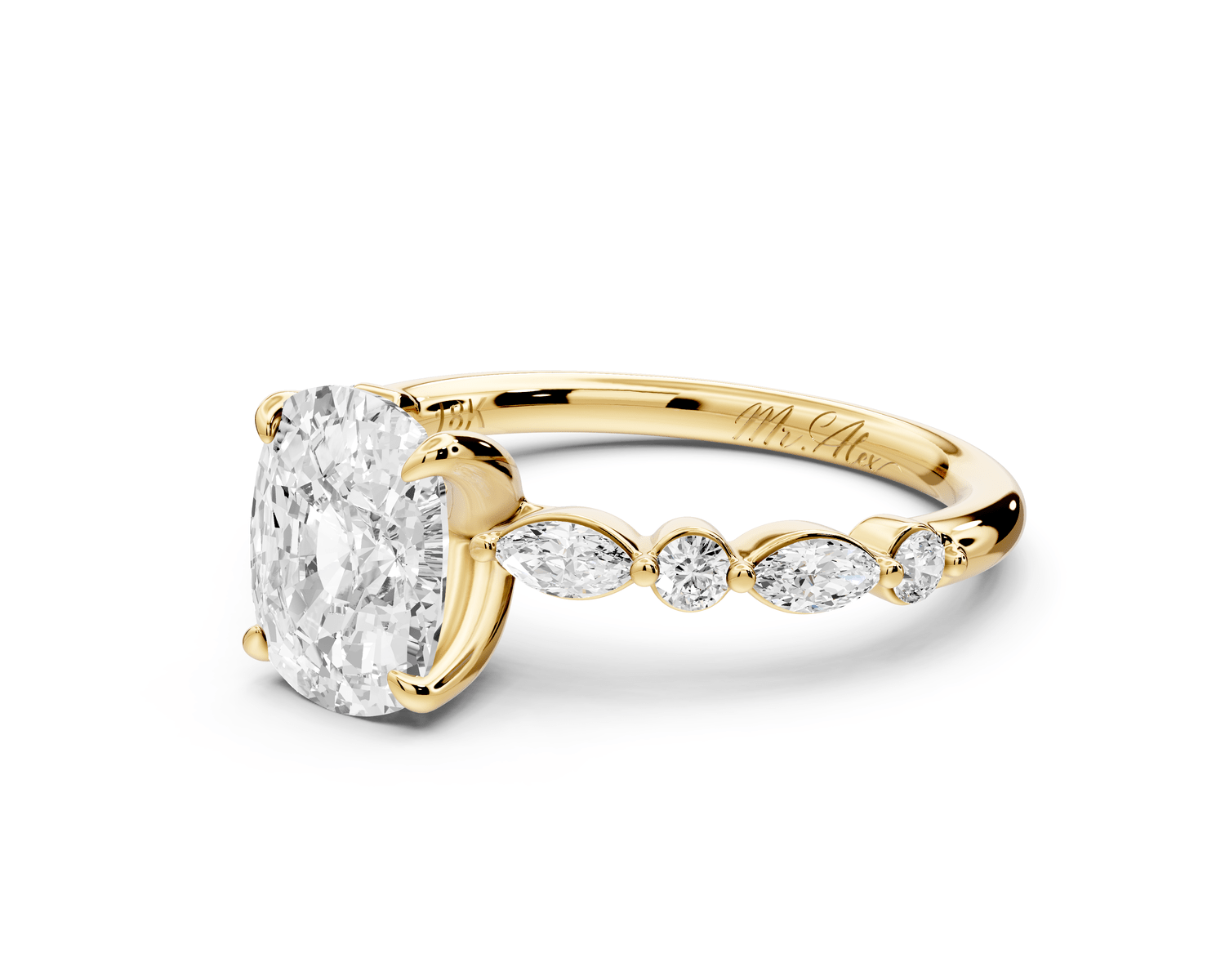 Amalia - 2ct 14k yellow gold ecushion Round Diamond with Alternating 8 - Stone Marquise and Round Diamond Band Engagement Ring - Mr. Alex Jewelry
