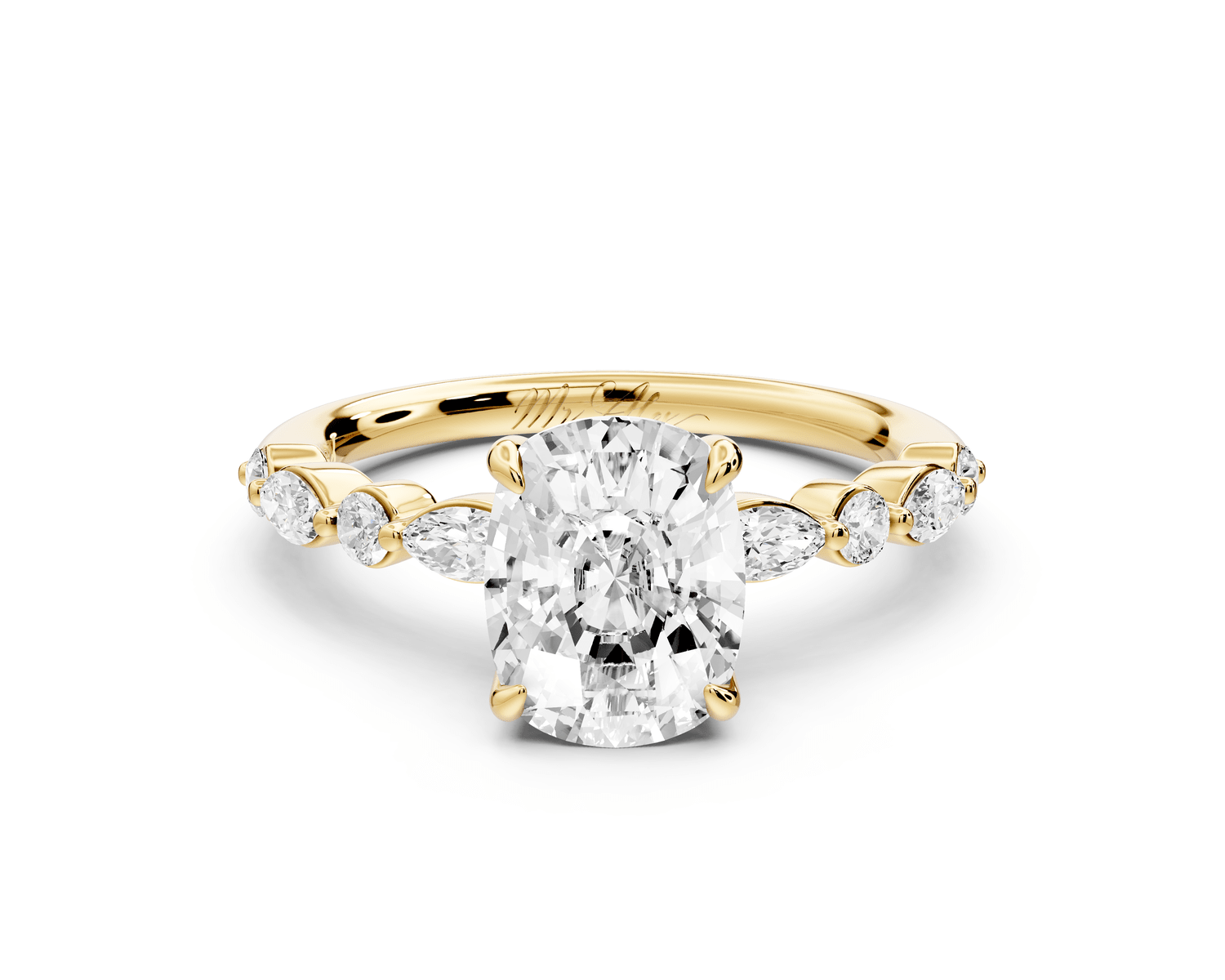 Amalia - 2ct 14k yellow gold ecushion Round Diamond with Alternating 8 - Stone Marquise and Round Diamond Band Engagement Ring - Mr. Alex Jewelry