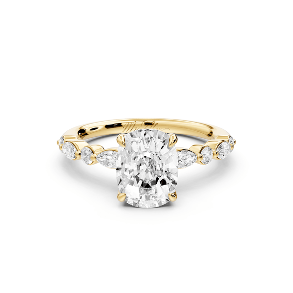 Amalia - 2ct 14k yellow gold ecushion Round Diamond with Alternating 8 - Stone Marquise and Round Diamond Band Engagement Ring - Mr. Alex Jewelry