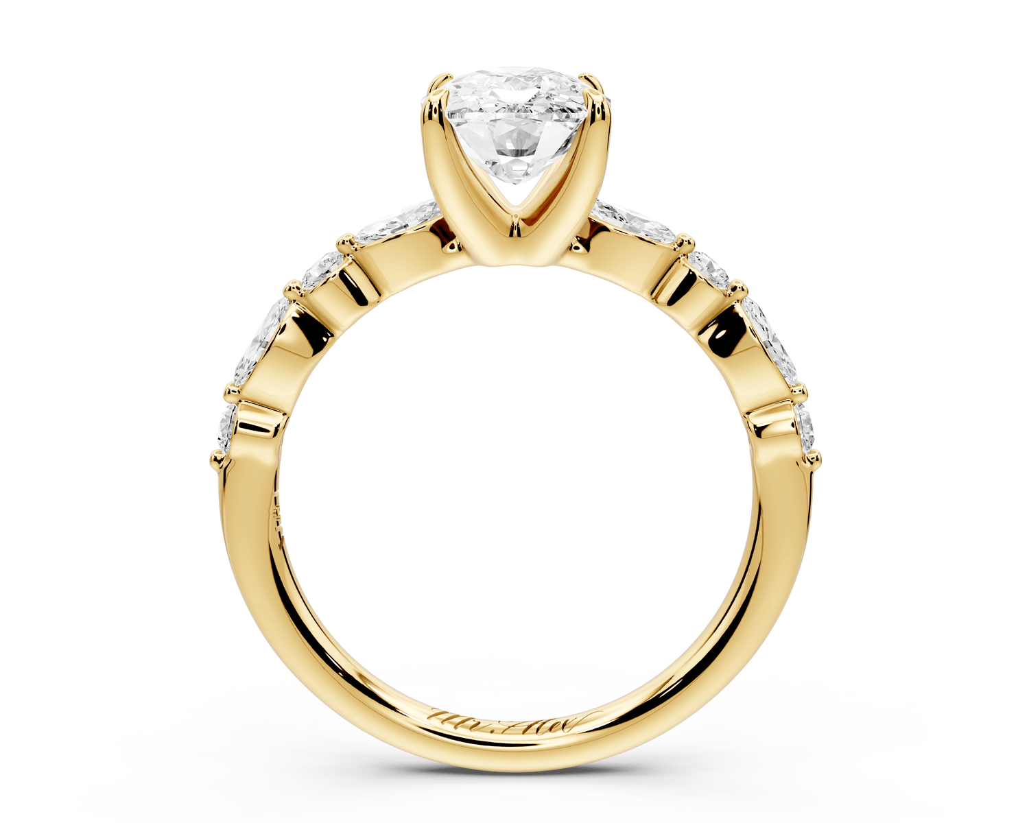 Amalia - 2ct 14k yellow gold ecushion Round Diamond with Alternating 8 - Stone Marquise and Round Diamond Band Engagement Ring - Mr. Alex Jewelry