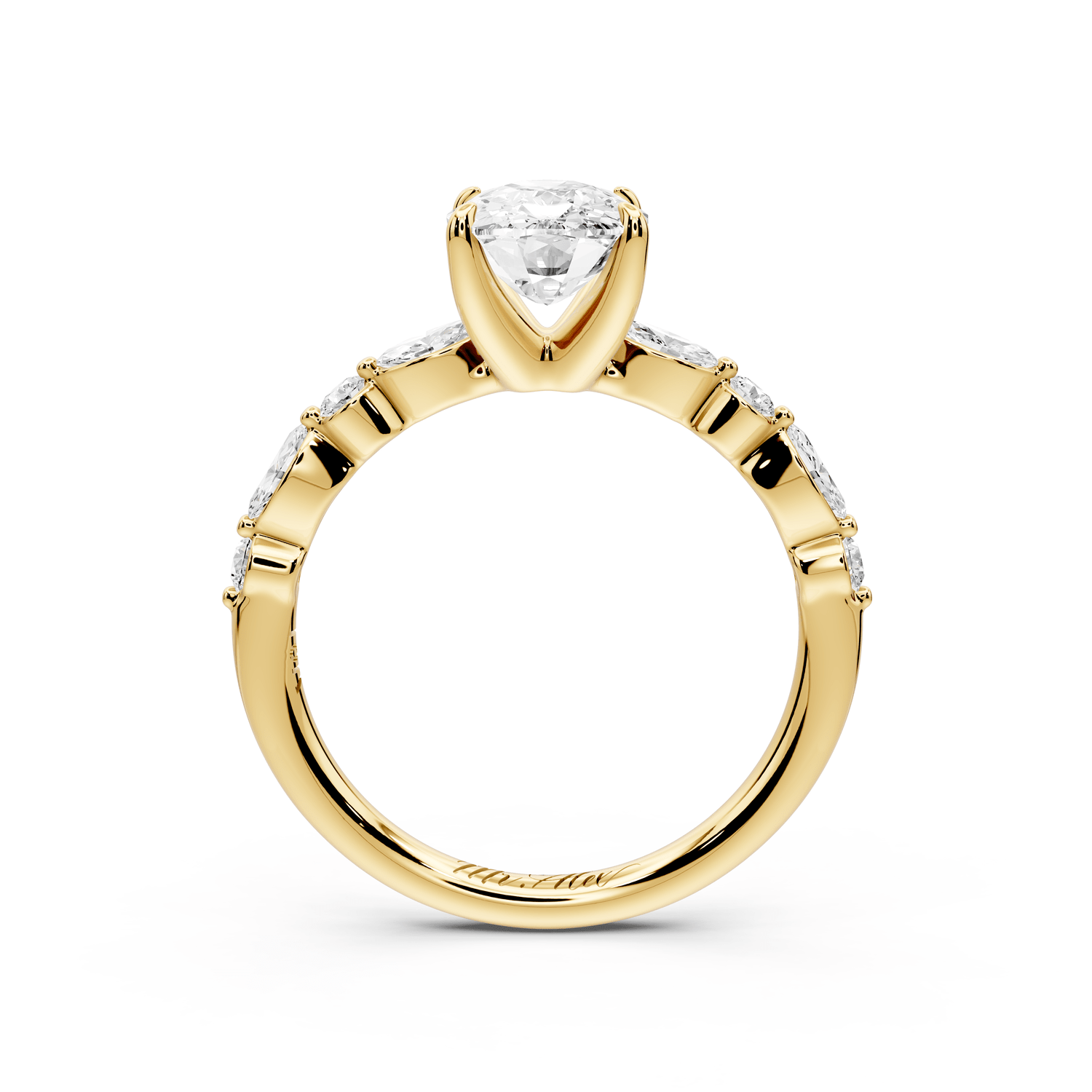 Amalia - 2ct 14k yellow gold ecushion Round Diamond with Alternating 8 - Stone Marquise and Round Diamond Band Engagement Ring - Mr. Alex Jewelry