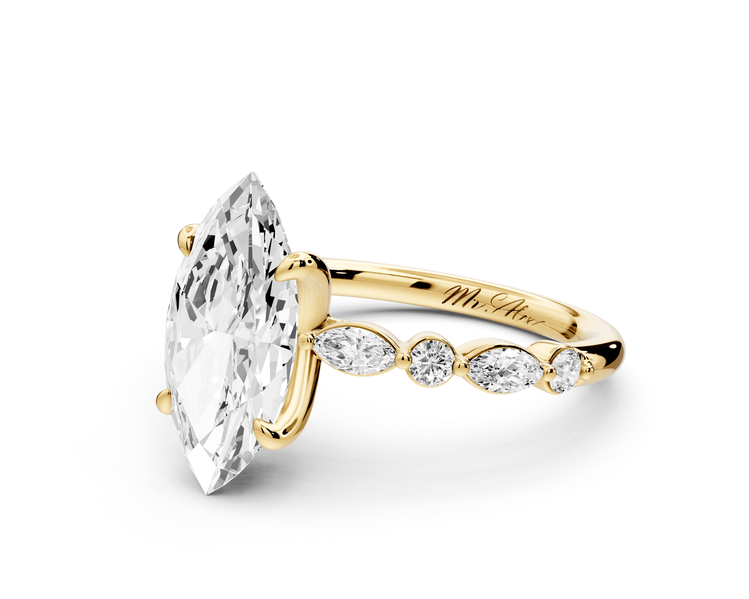 Amalia - 2ct 14k yellow gold marquise Round Diamond with Alternating 8 - Stone Marquise and Round Diamond Band Engagement Ring - Mr. Alex Jewelry