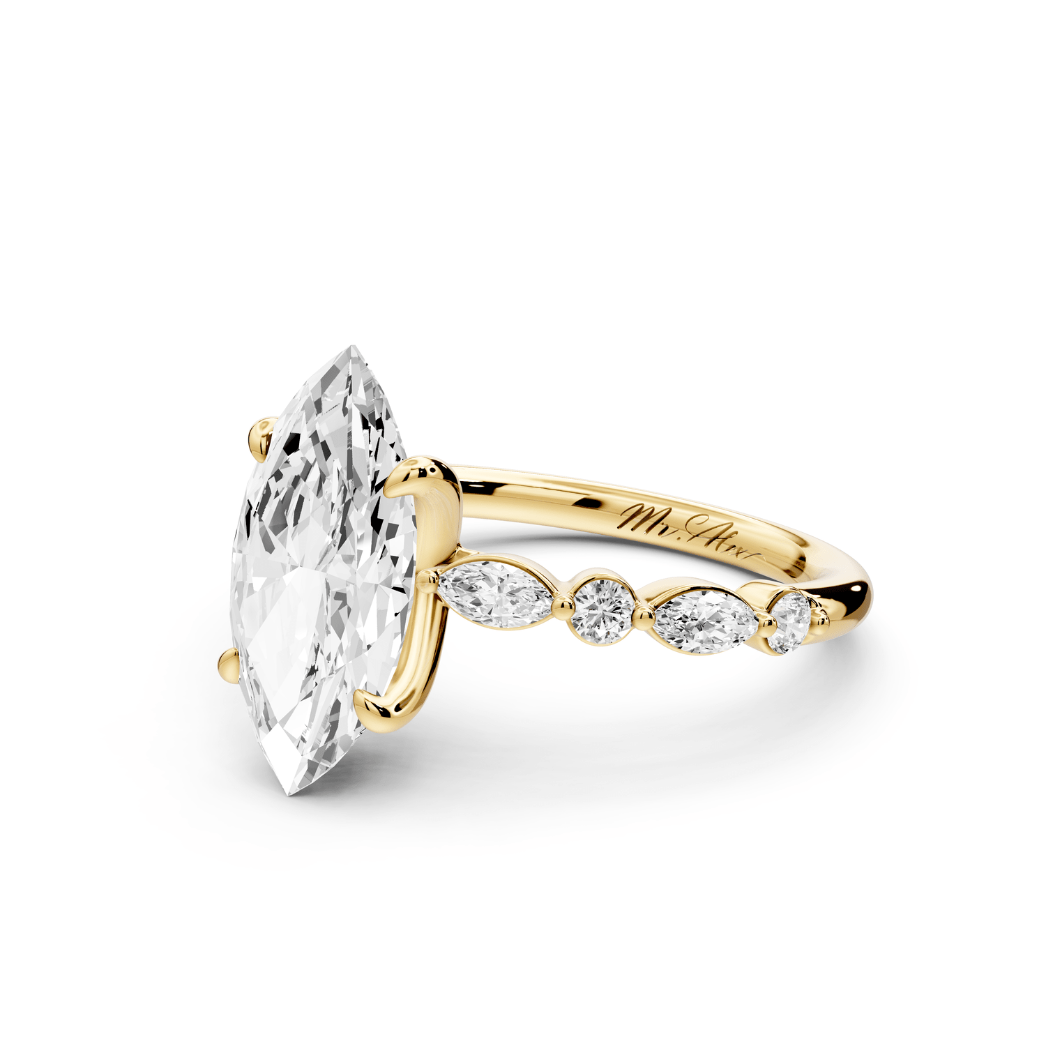 Amalia - 2ct 14k yellow gold marquise Round Diamond with Alternating 8 - Stone Marquise and Round Diamond Band Engagement Ring - Mr. Alex Jewelry
