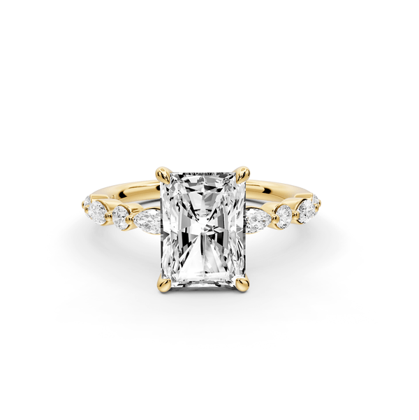 Amalia - 2ct 14k yellow gold radiant Round Diamond with Alternating 8 - Stone Marquise and Round Diamond Band Engagement Ring - Mr. Alex Jewelry