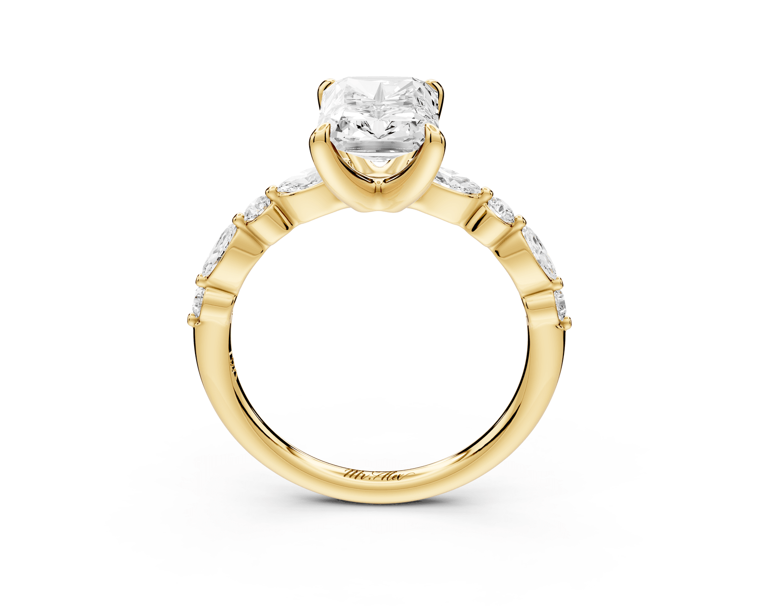 Amalia - 2ct 14k yellow gold radiant Round Diamond with Alternating 8 - Stone Marquise and Round Diamond Band Engagement Ring - Mr. Alex Jewelry