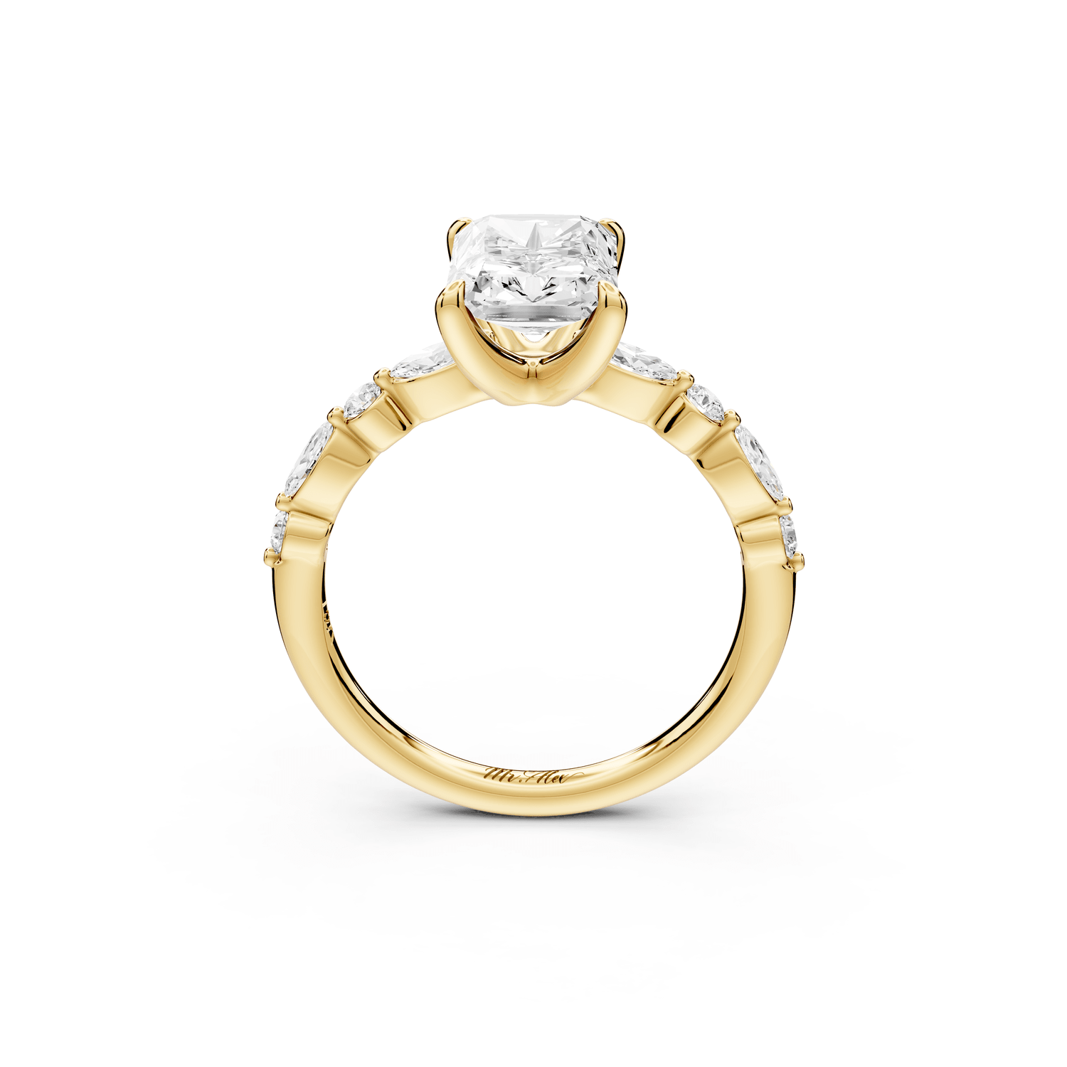 Amalia - 2ct 14k yellow gold radiant Round Diamond with Alternating 8 - Stone Marquise and Round Diamond Band Engagement Ring - Mr. Alex Jewelry