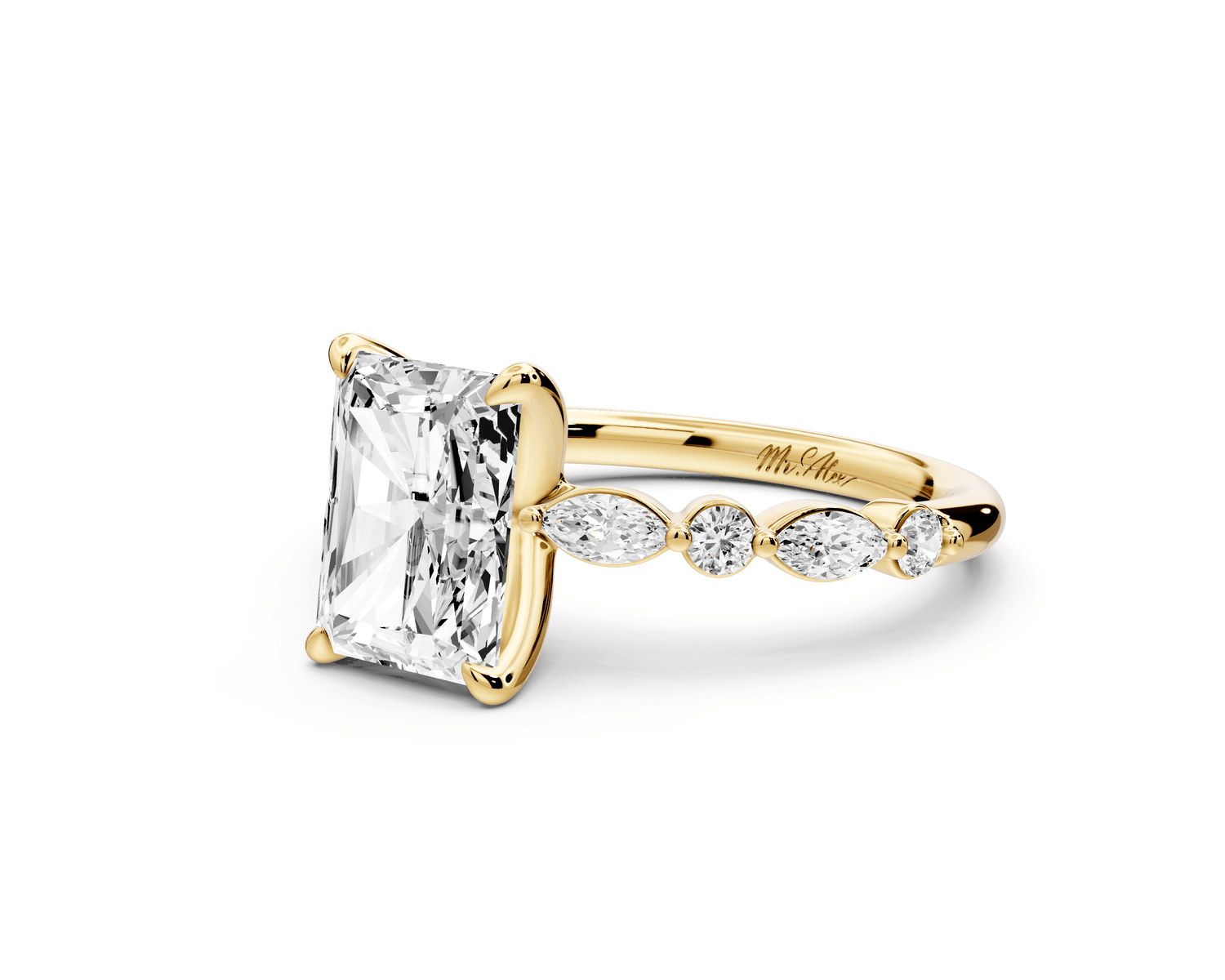Amalia - 2ct 14k yellow gold radiant Round Diamond with Alternating 8 - Stone Marquise and Round Diamond Band Engagement Ring - Mr. Alex Jewelry