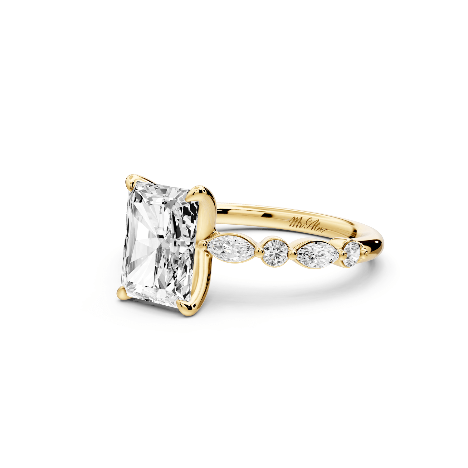 Amalia - 2ct 14k yellow gold radiant Round Diamond with Alternating 8 - Stone Marquise and Round Diamond Band Engagement Ring - Mr. Alex Jewelry