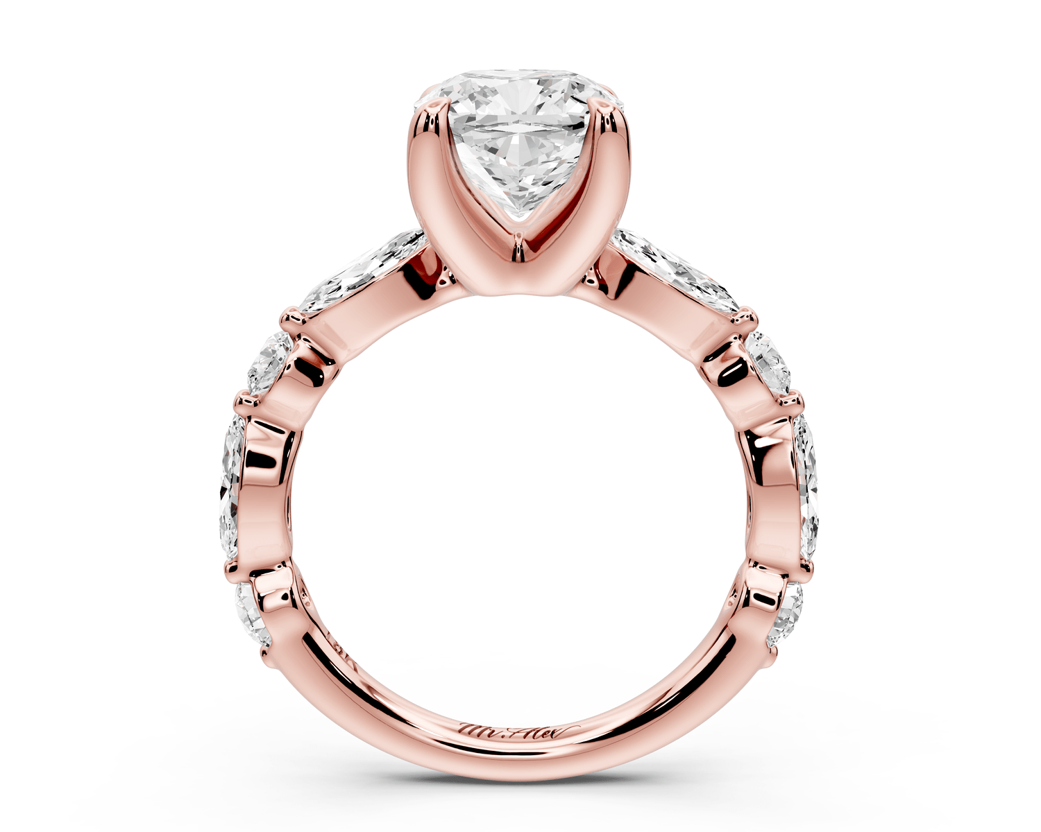 Amalia - 2ct 18k rose gold cushion Round Diamond with Alternating 8 - Stone Marquise and Round Diamond Band Engagement Ring - Mr. Alex Jewelry