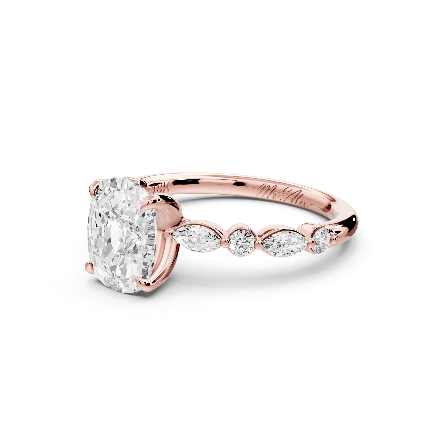 Amalia - 2ct 18k rose gold ecushion Round Diamond with Alternating 8 - Stone Marquise and Round Diamond Band Engagement Ring - Mr. Alex Jewelry