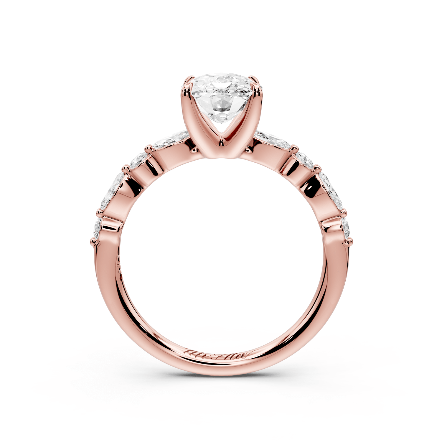 Amalia - 2ct 18k rose gold ecushion Round Diamond with Alternating 8 - Stone Marquise and Round Diamond Band Engagement Ring - Mr. Alex Jewelry