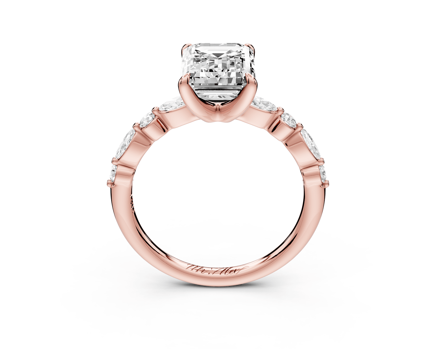 Amalia - 2ct 18k rose gold emerald Round Diamond with Alternating 8 - Stone Marquise and Round Diamond Band Engagement Ring - Mr. Alex Jewelry