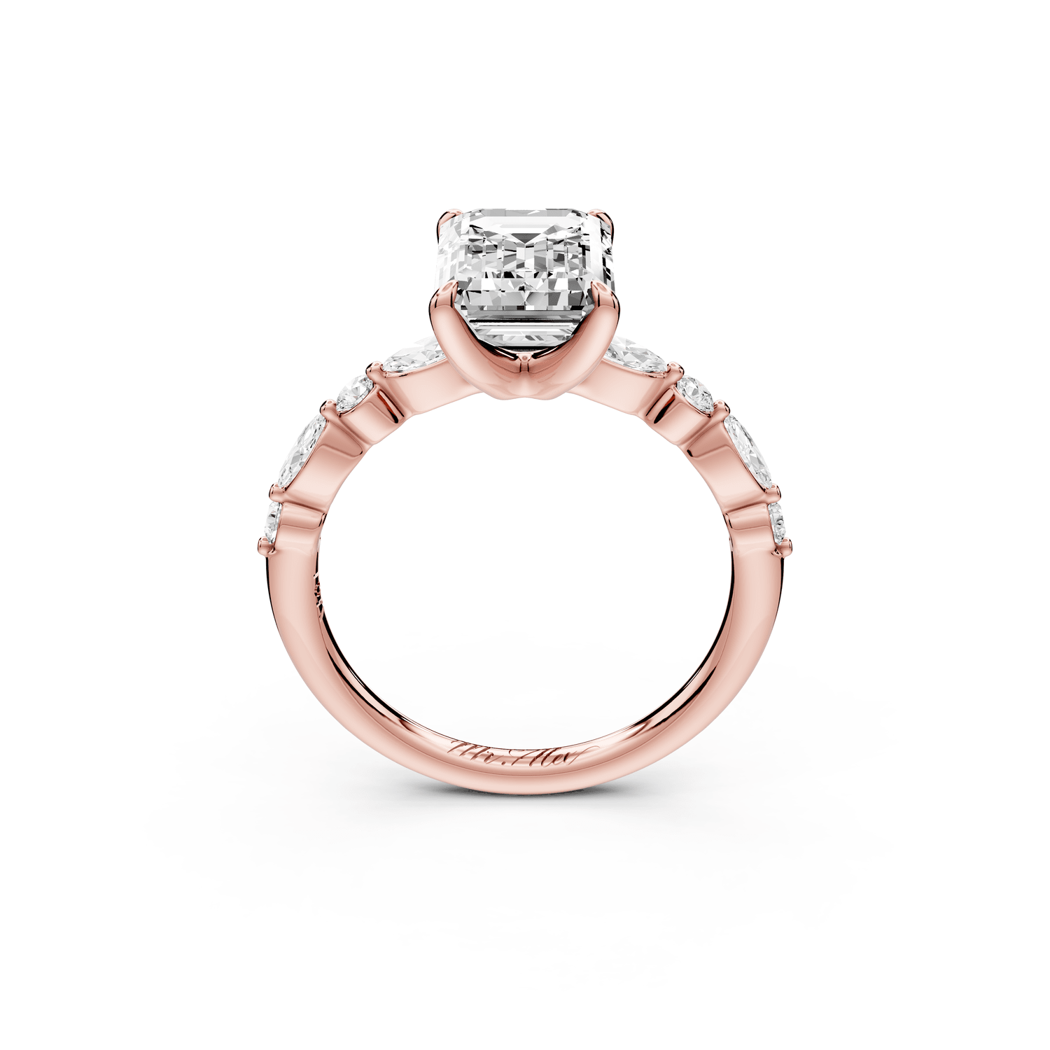 Amalia - 2ct 18k rose gold emerald Round Diamond with Alternating 8 - Stone Marquise and Round Diamond Band Engagement Ring - Mr. Alex Jewelry