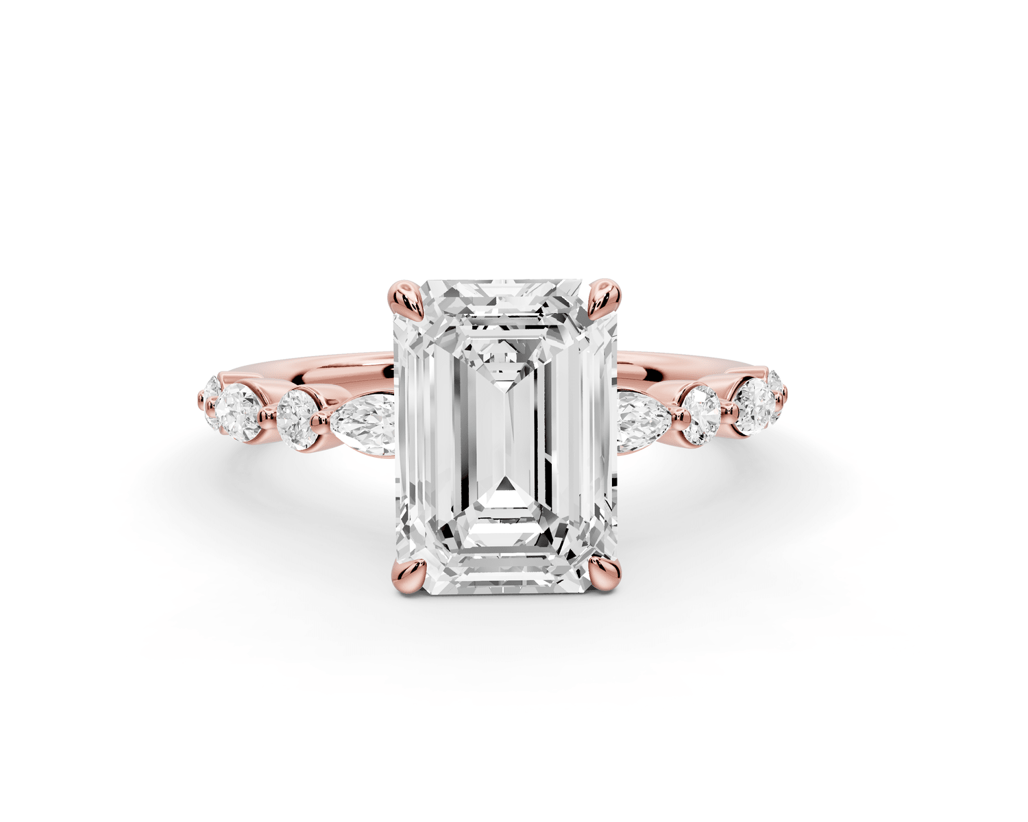 Amalia - 2ct 18k rose gold emerald Round Diamond with Alternating 8 - Stone Marquise and Round Diamond Band Engagement Ring - Mr. Alex Jewelry