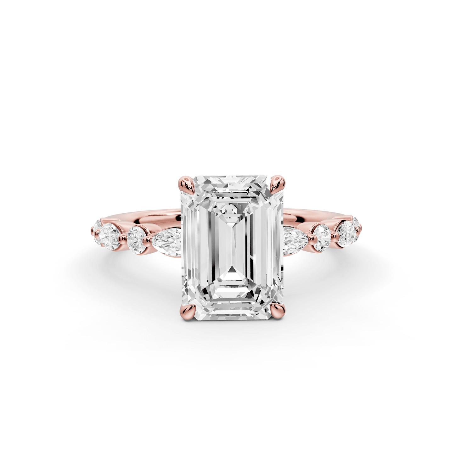 Amalia - 2ct 18k rose gold emerald Round Diamond with Alternating 8 - Stone Marquise and Round Diamond Band Engagement Ring - Mr. Alex Jewelry