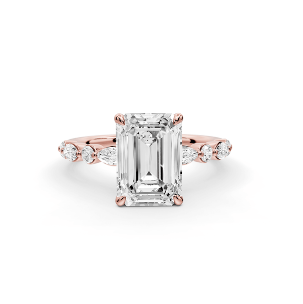 Amalia - 2ct 18k rose gold emerald Round Diamond with Alternating 8 - Stone Marquise and Round Diamond Band Engagement Ring - Mr. Alex Jewelry