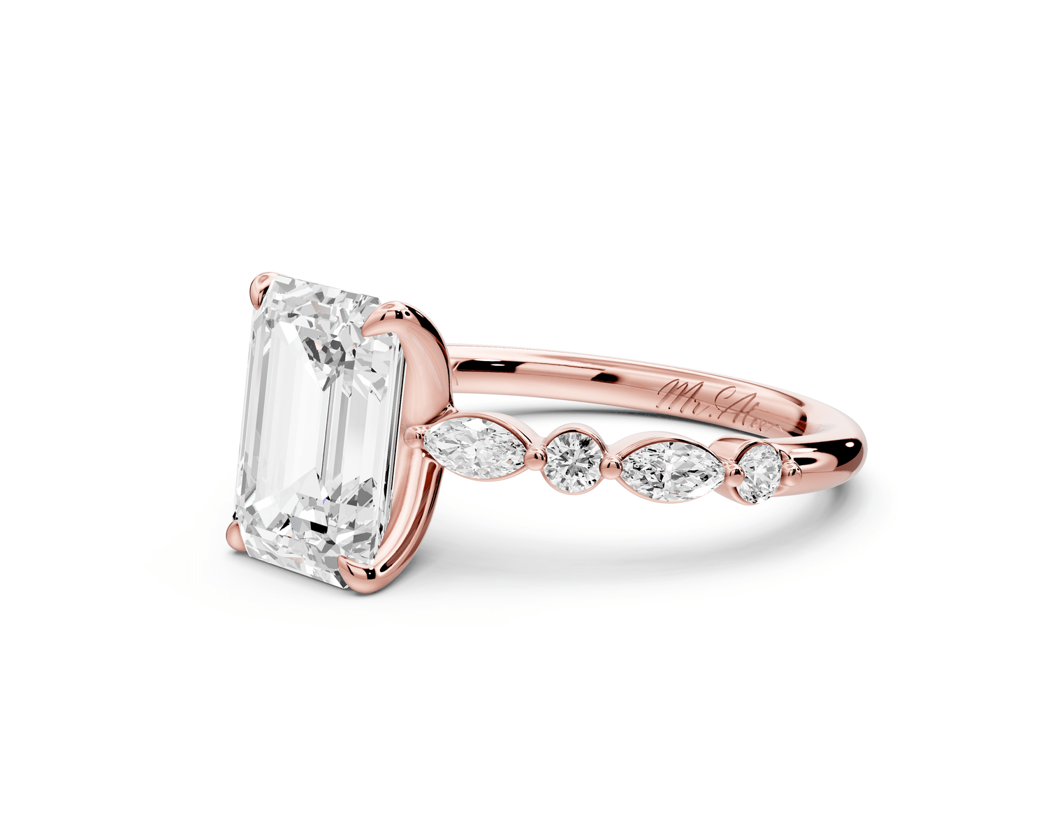 Amalia - 2ct 18k rose gold emerald Round Diamond with Alternating 8 - Stone Marquise and Round Diamond Band Engagement Ring - Mr. Alex Jewelry