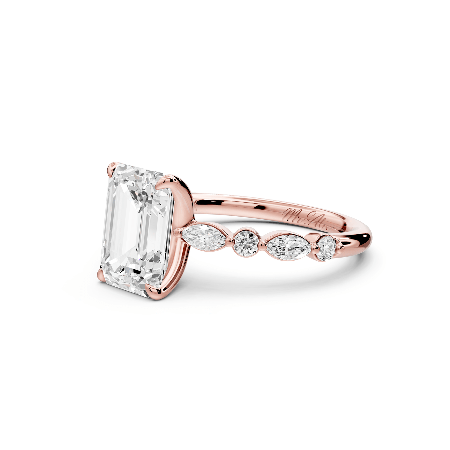 Amalia - 2ct 18k rose gold emerald Round Diamond with Alternating 8 - Stone Marquise and Round Diamond Band Engagement Ring - Mr. Alex Jewelry